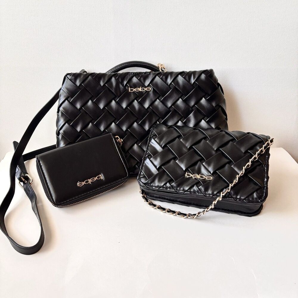 3 Pc BEBE Luca Black Faux Leather Crossbody Bag Convertible Clutch and Wallet